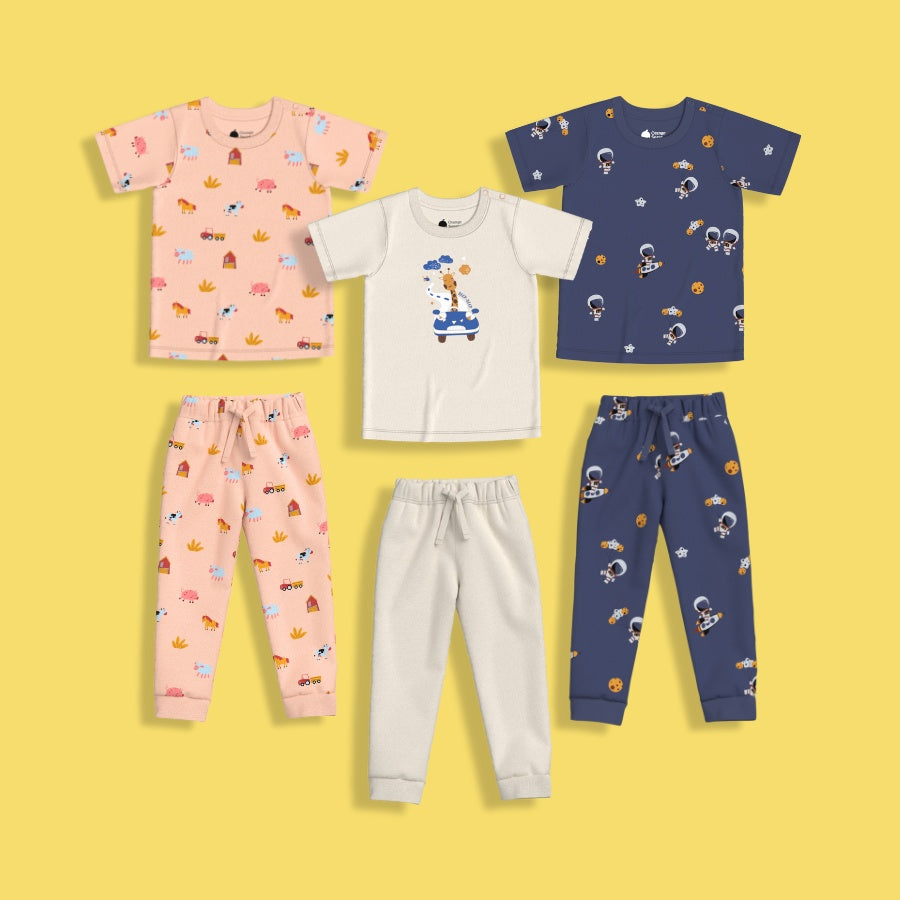 3 Pack Half Sleeves Unisex Co-ord Set | Giraffe Beep, Farm, Space