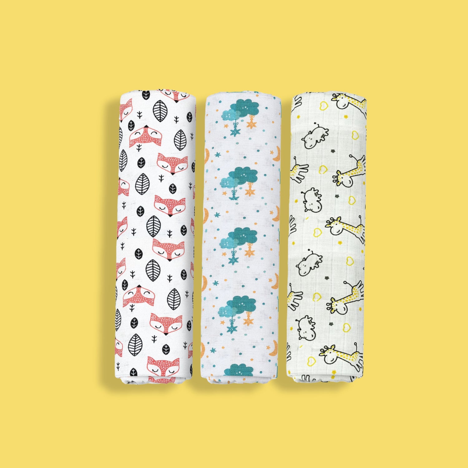 3 Pack Muslin Swaddle | Fox, Half Moon, Giraffe