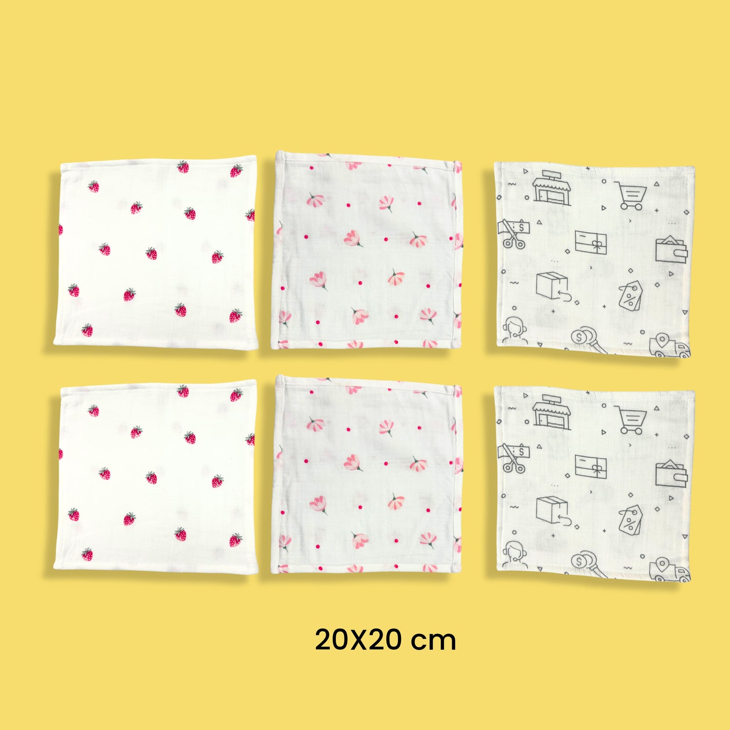 6 Pack Muslin Napkin | Strawberry, Flower, Truck