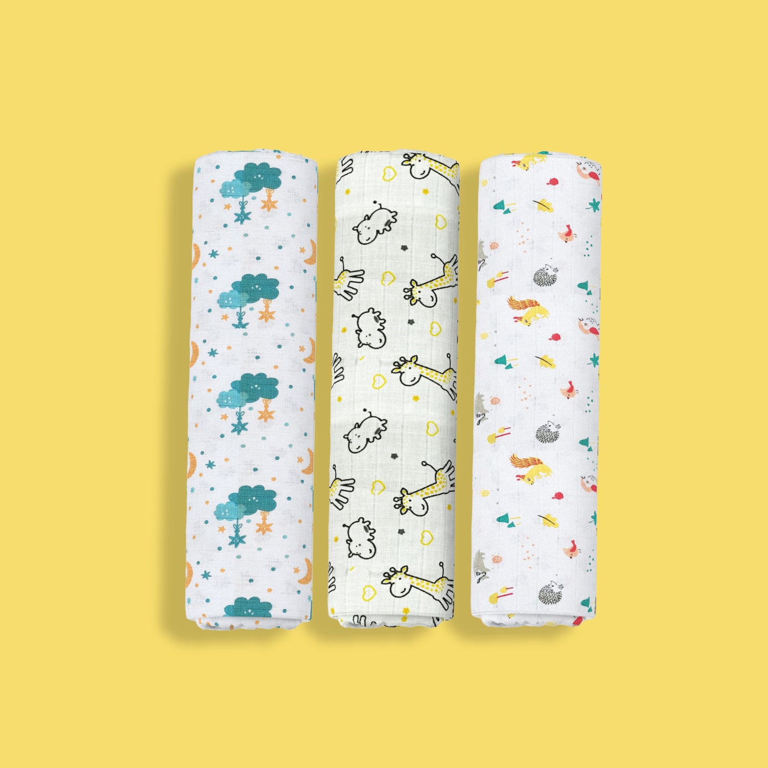 3 Pack Muslin Swaddle | Half Moon, Giraffe, Spikey