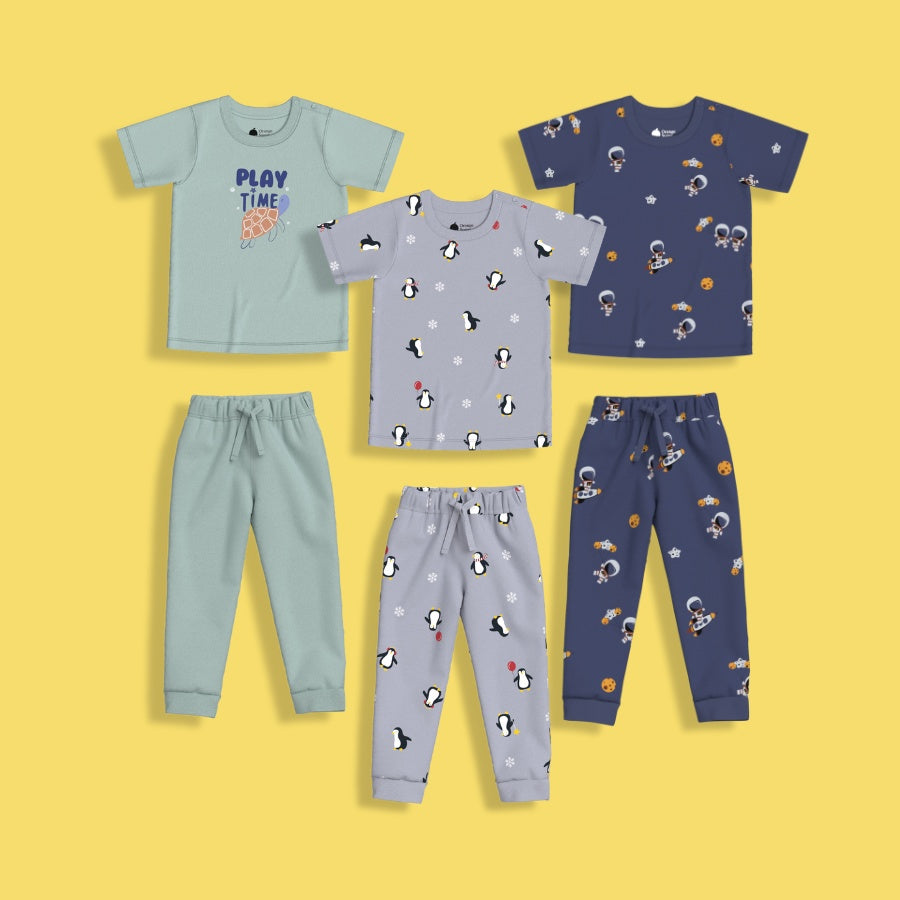 3 Pack Half Sleeves Unisex Co-ord Set | Play, Penguin, Space