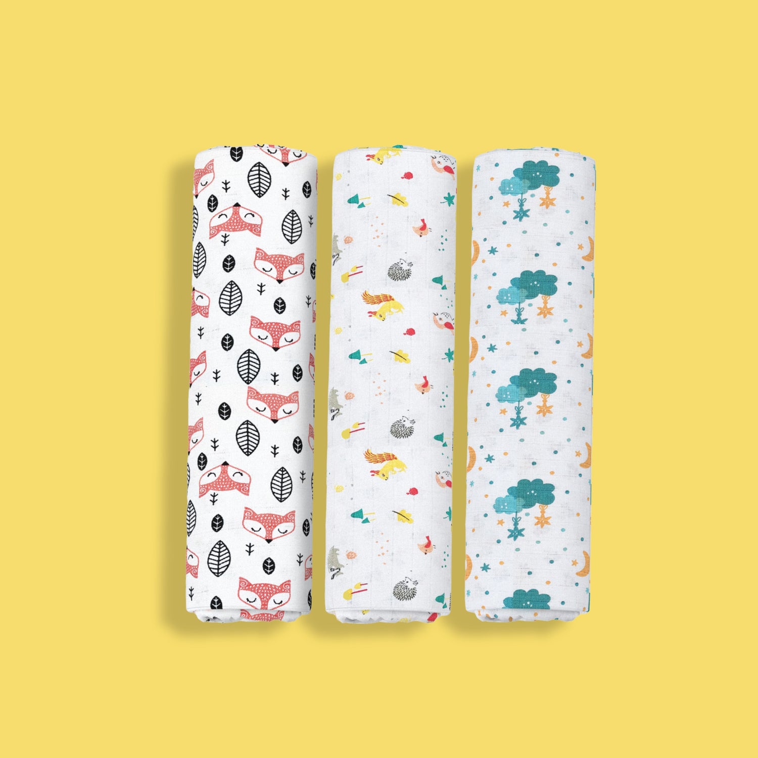 3 Pack Muslin Swaddle | Fox, Spikey, Half Moon