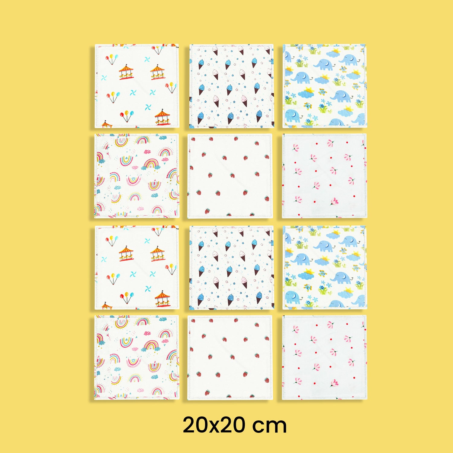 12 Pack Muslin Napkin | Swing, Ice, Elephant, Rainbow, Strawberry, Flower