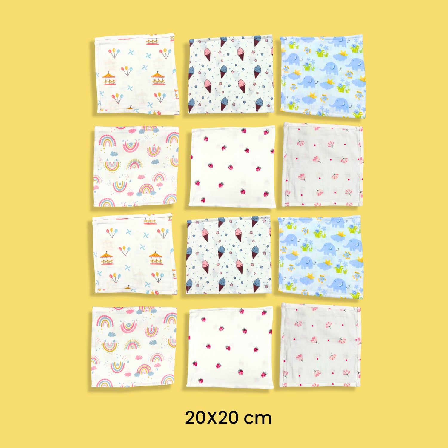 12 Pack Muslin Napkin | Swing, Ice, Elephant, Rainbow, Strawberry, Flower