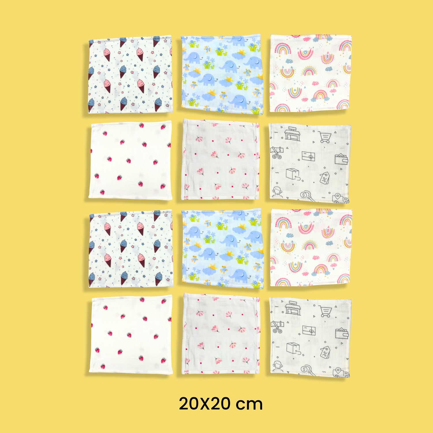 12 Pack Muslin Napkin | Ice, Elephant, Rainbow, Strawberry, Flower, Truck