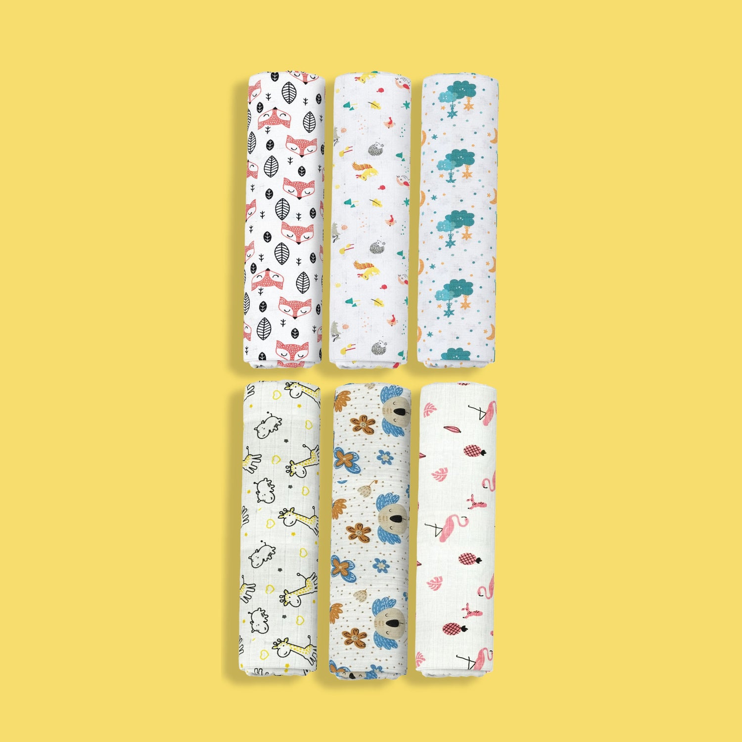 6 Pack Muslin Swaddle | Fox, Spikey, Half Moon, Giraffe, Koala, Pink Bird