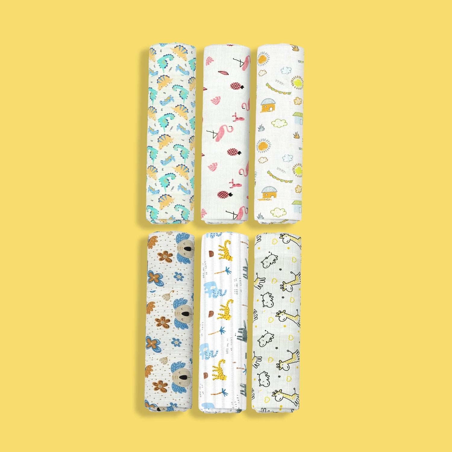 6 Pack Muslin Swaddle | Dinosaur, Pink Bird, Street, Koala, Zoo, Giraffe