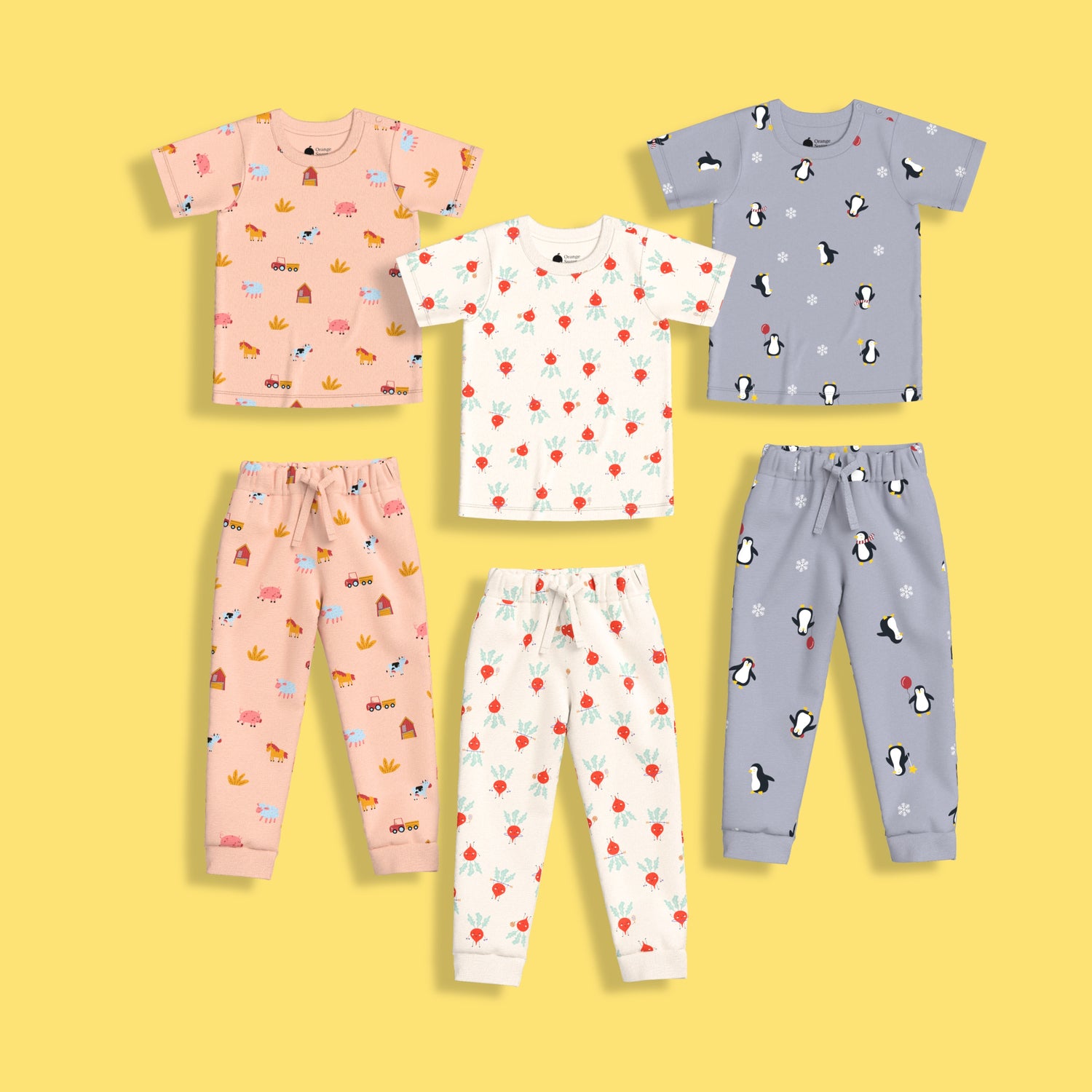 3 Pack Half Sleeves Unisex Co-ord Set | Farm, Penguin & Beetroot