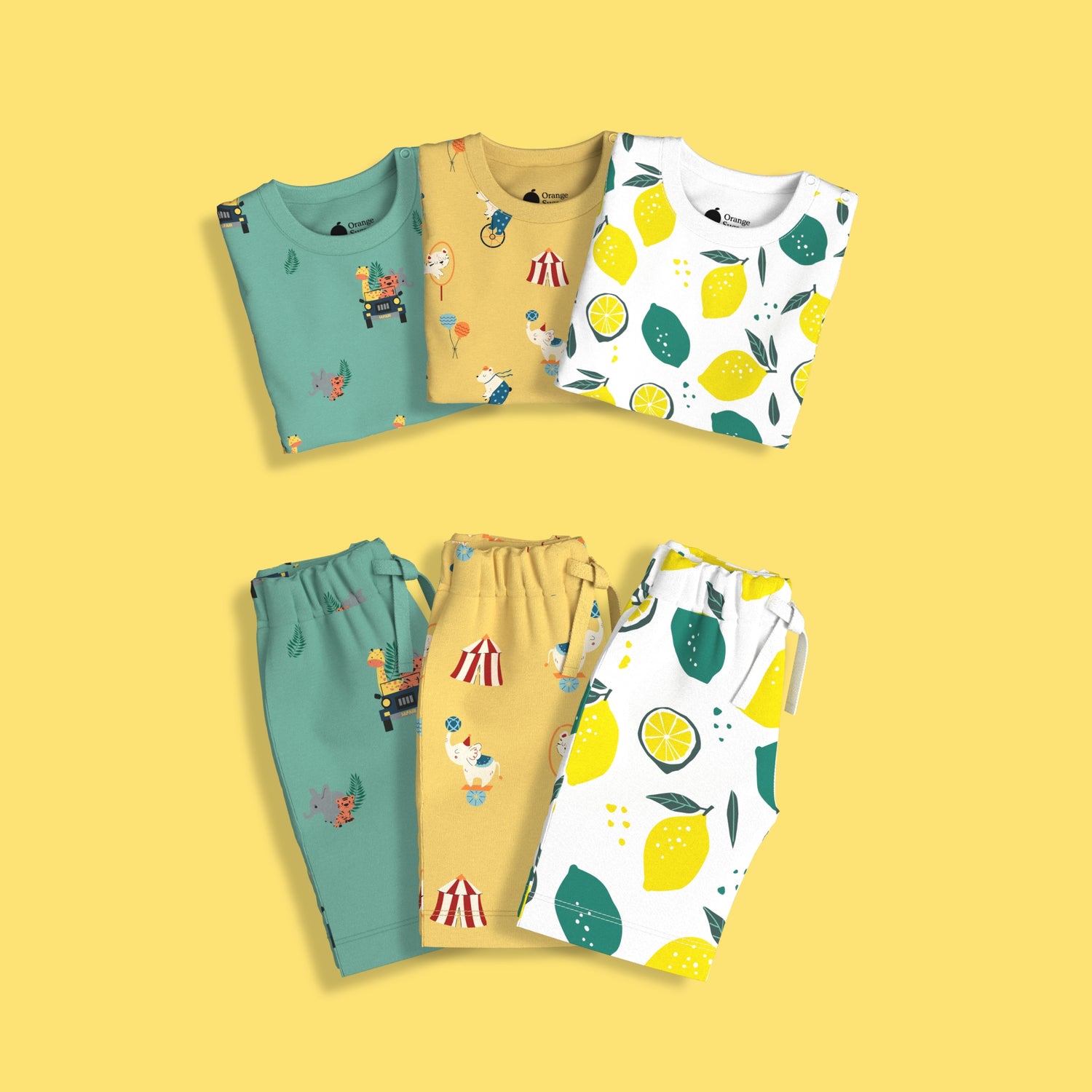 3 Pack T-Shirt & Shorts Unisex Co-ord Set | Lemon, Circus, Jungle