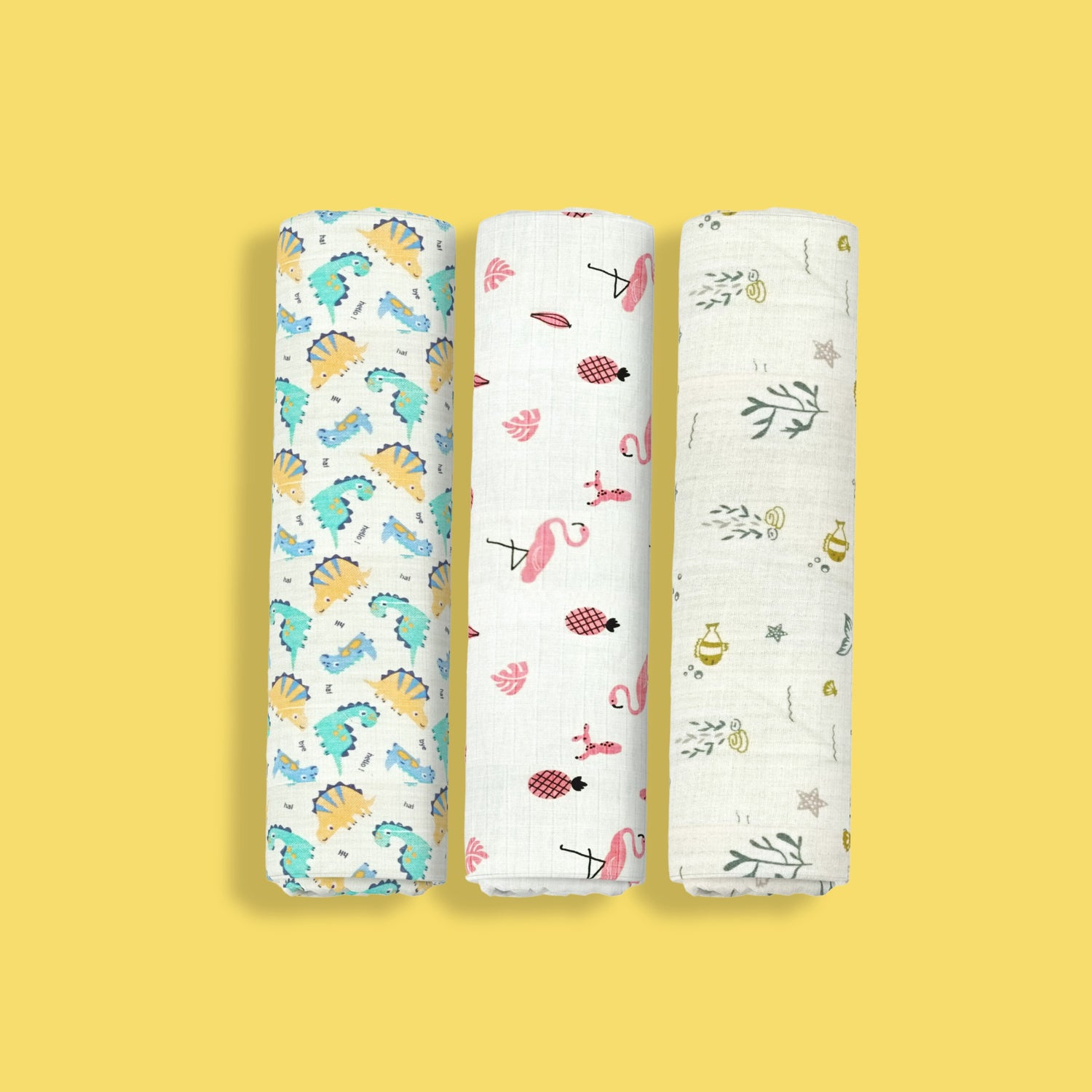 3 Pack Muslin Swaddle | Dinosaur, Pink Bird, Ocean