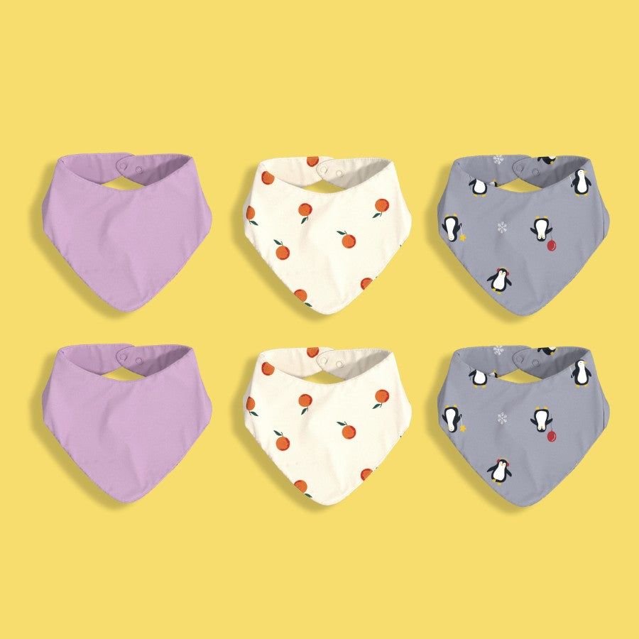 6 Pack Bandana Bib | Lavendar, Orange, Penguin