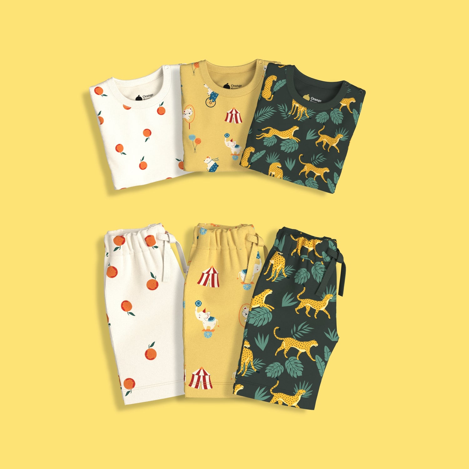 3 Pack T-Shirt & Shorts Unisex Co-ord Set | Oranges, Cheetah & Circus