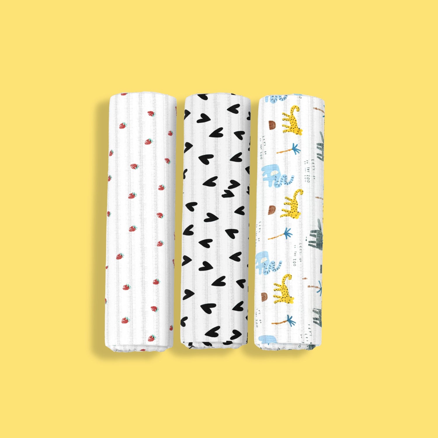 3 Pack Muslin Swaddle | Black Heart, Zoo, Strawberry