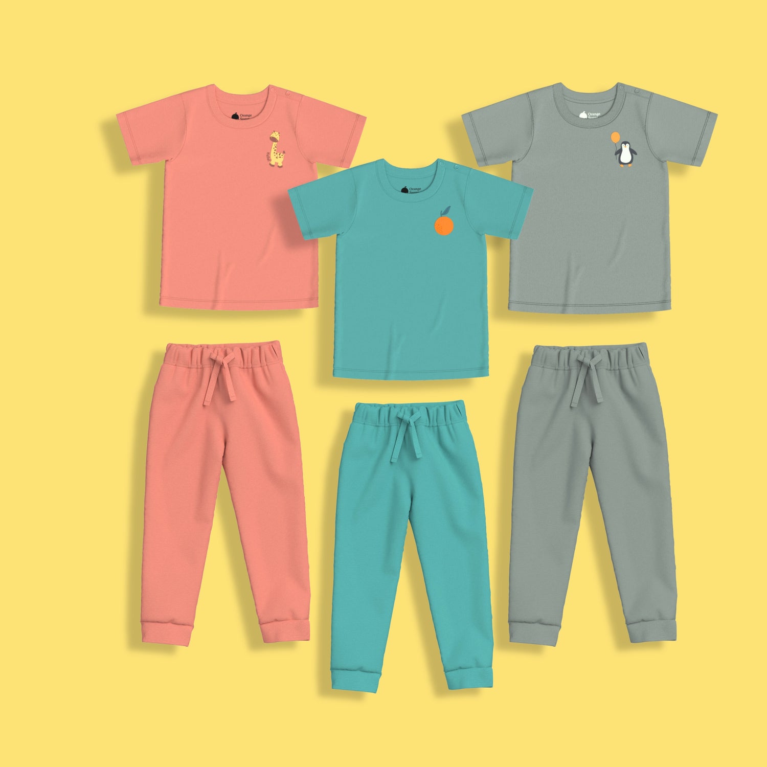 3 Pack Half Sleeves Unisex Co-ord Set | Giraffe, Aqua Orange & Penguin Float