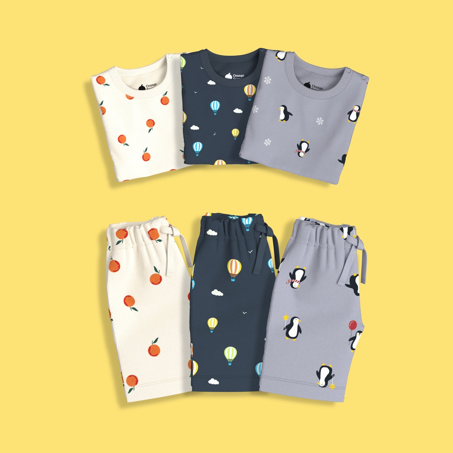 3 Pack T-Shirt & Shorts Unisex Co-ord Set | Oranges, Penguin & Hot Air