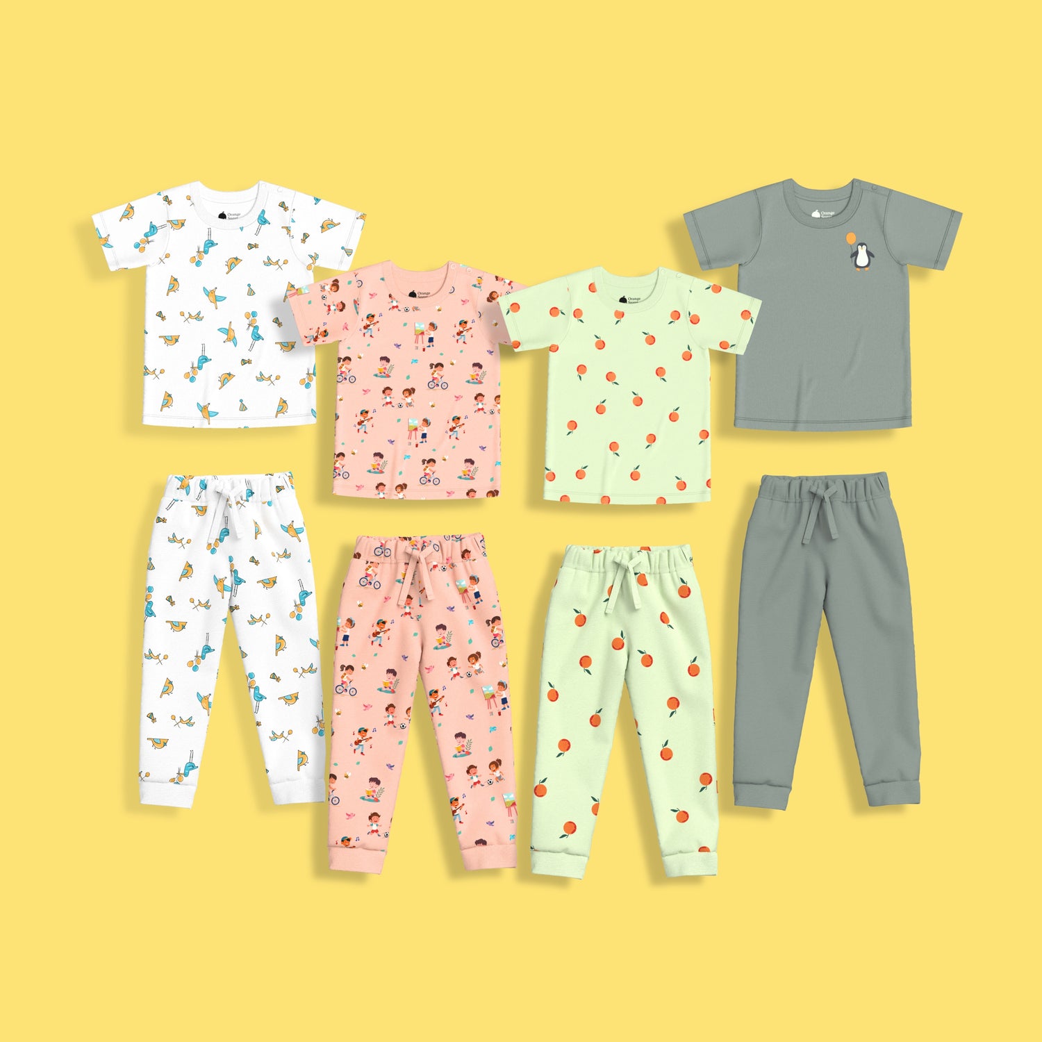 4 Pack Half Sleeves Unisex Co-ord Set | Orange Bliss, Garden, Bird & Penguin Float