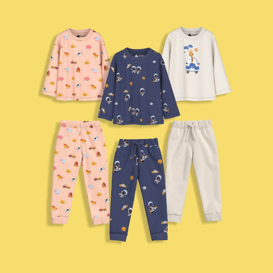 3 Pack Full Sleeves Unisex Co-ord Set | Giraffe Beep, Farm, Space