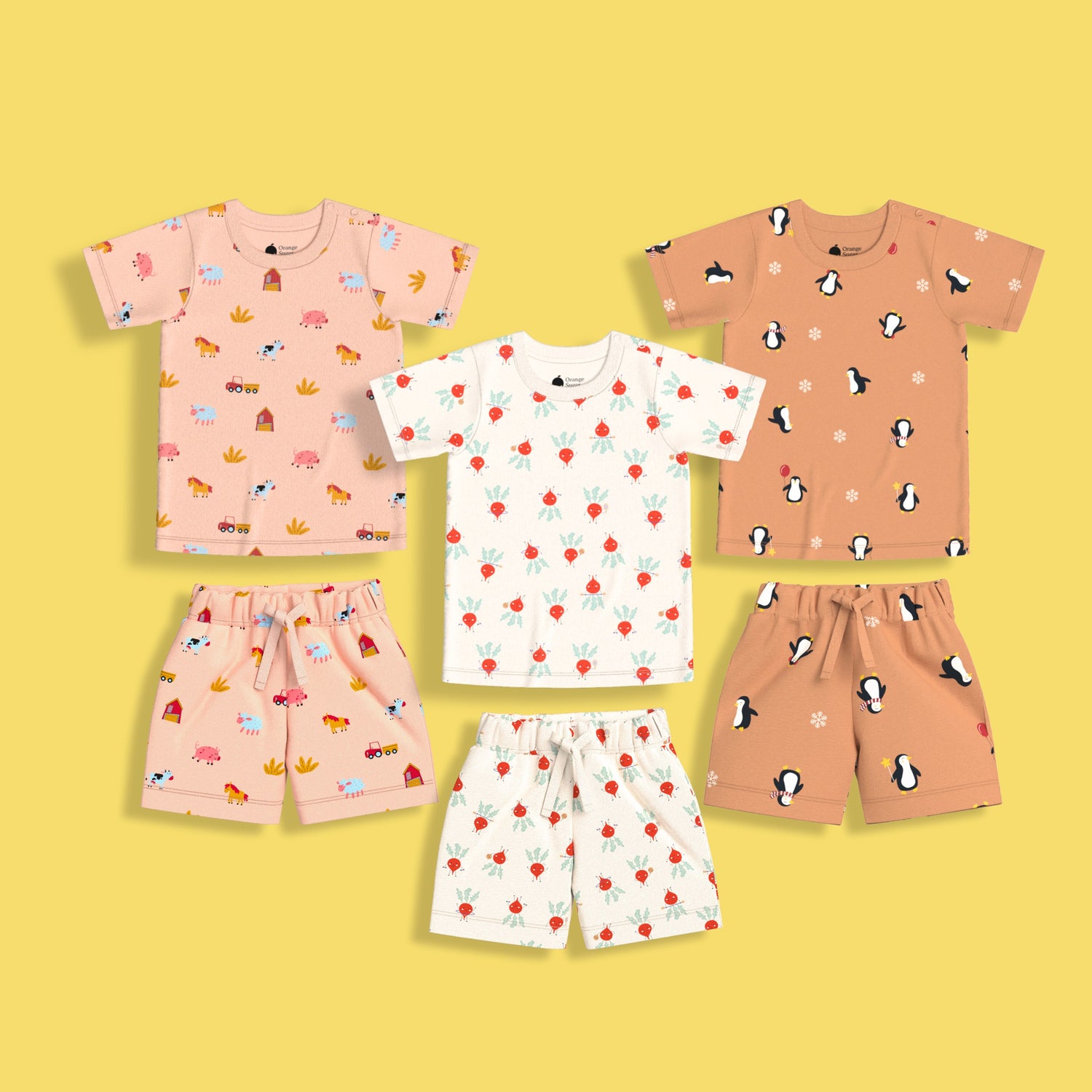 3 Pack T-Shirt & Shorts Unisex Co-ord Set | Farm, Beetroot, Penguin Chill