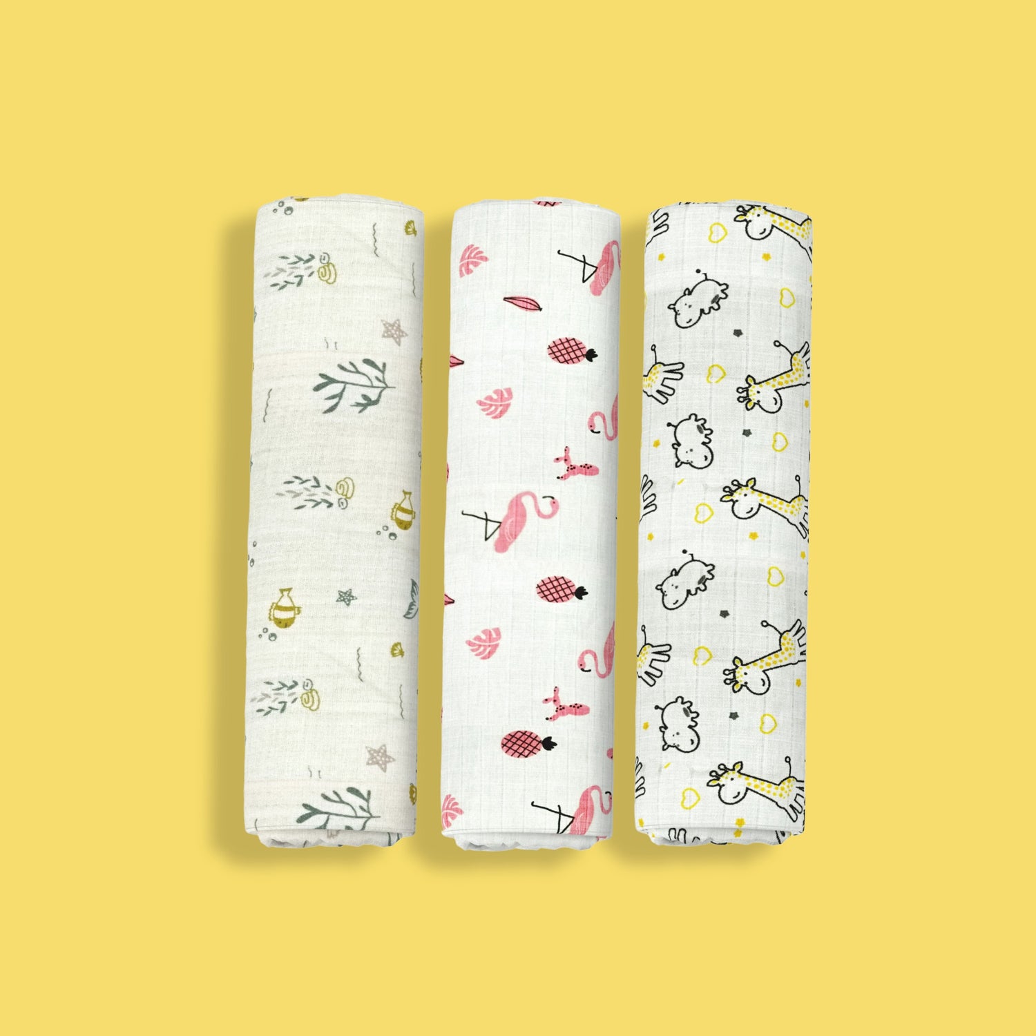 3 Pack Muslin Swaddle | Ocean, Pink Bird, Giraffe