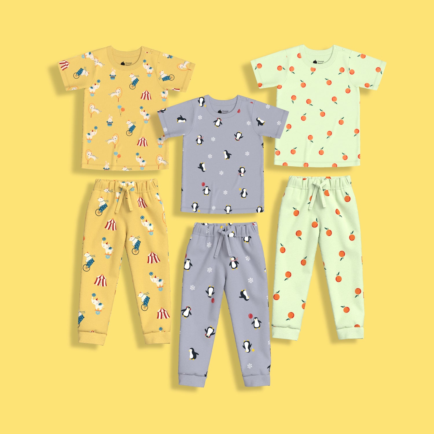 3 Pack Half Sleeves Unisex Co-ord Set | Penguin, Circus & Orange Bliss