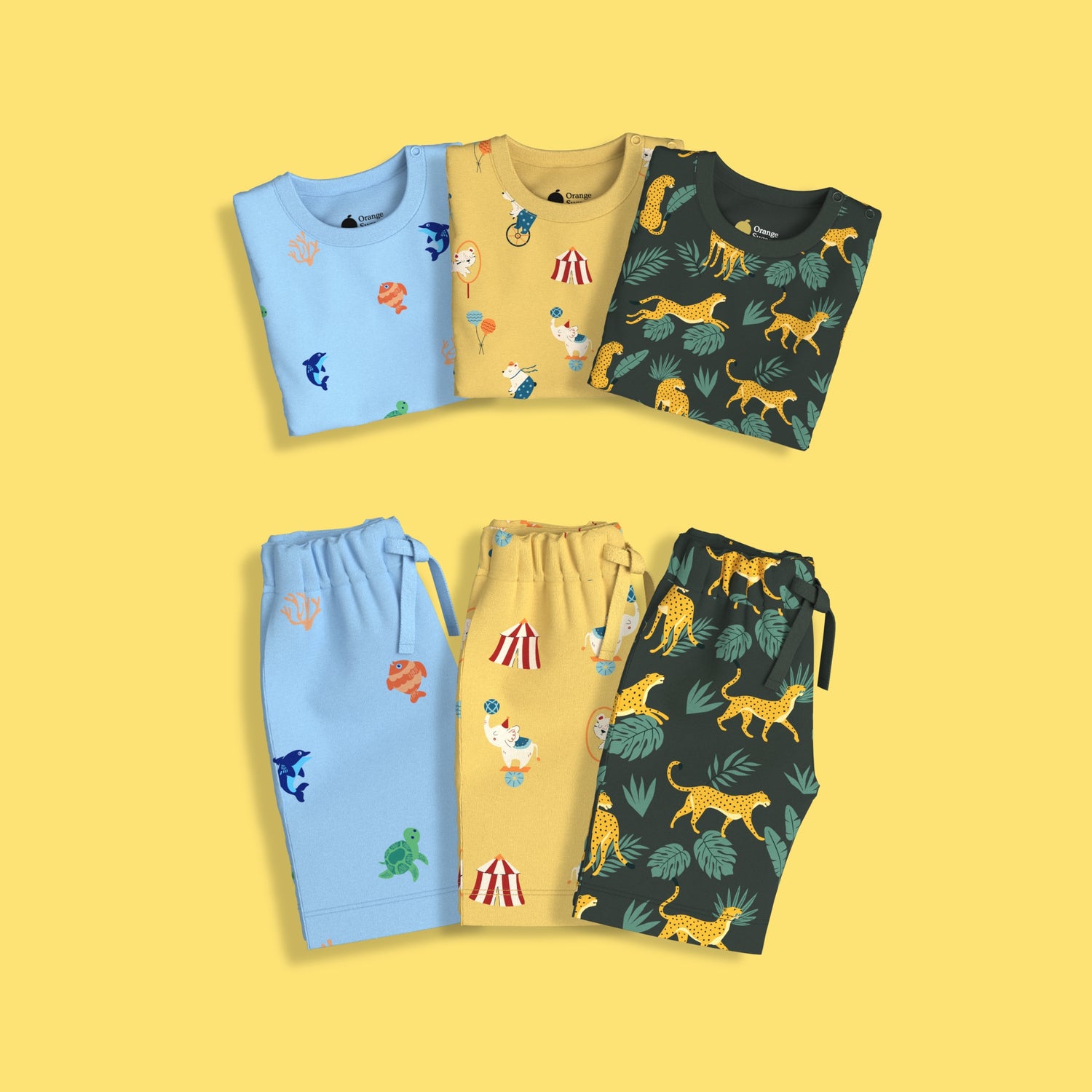 3 Pack T-Shirt & Shorts Unisex Co-ord Set | Cheetah, Circus & Underwater