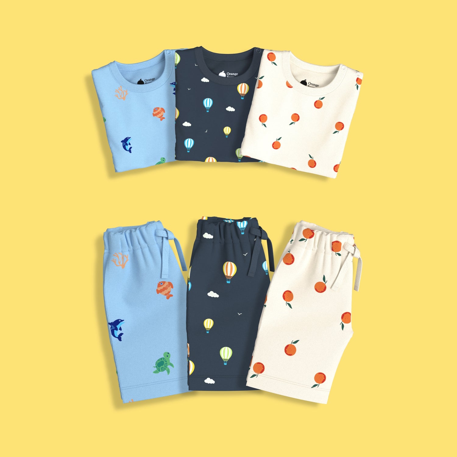 3 Pack T-Shirt & Shorts Unisex Co-ord Set | Hot Air, Underwater & Oranges