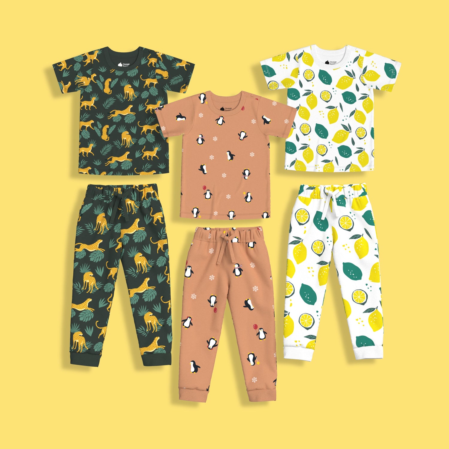 3 Pack Half Sleeves Unisex Co-ord Set | Cheetah, Lemon & Penguin Chill