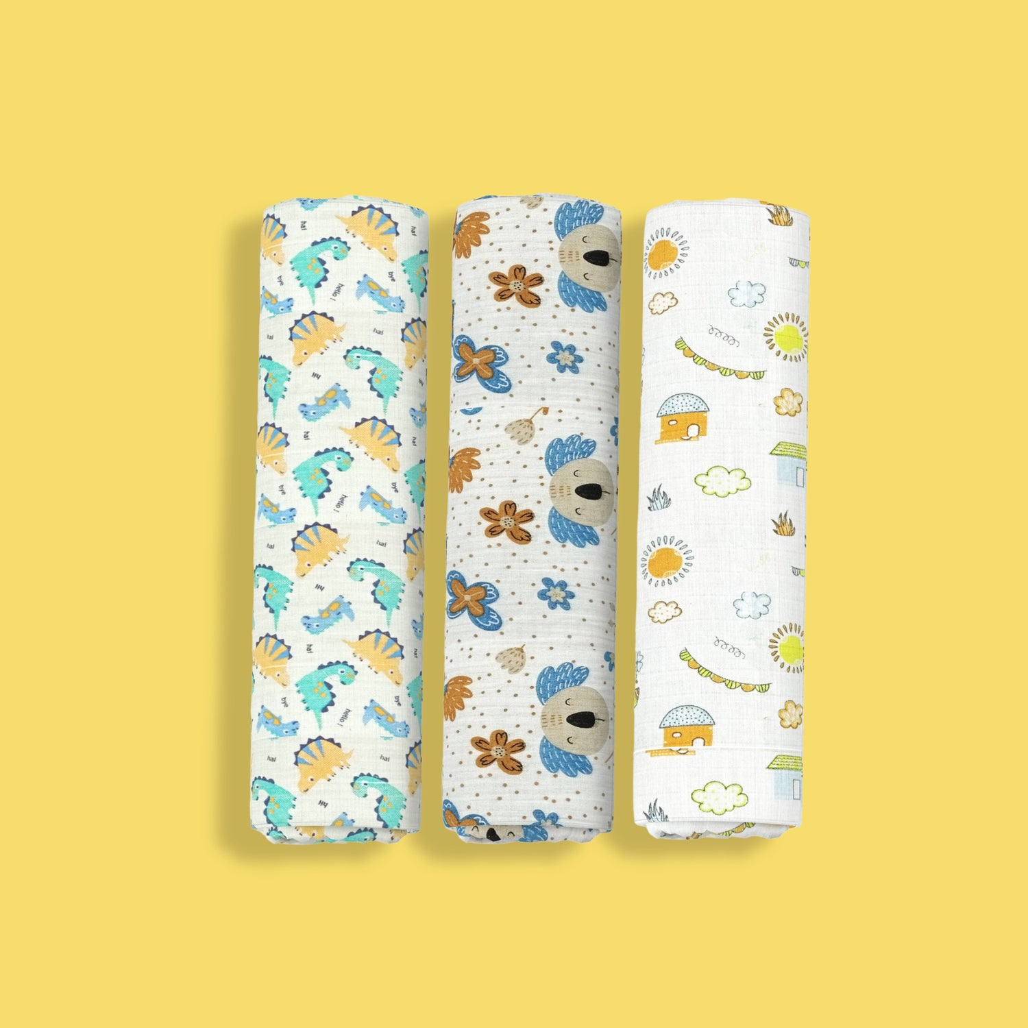 3 Pack Muslin Swaddle | Dinosaur, Koala, Street