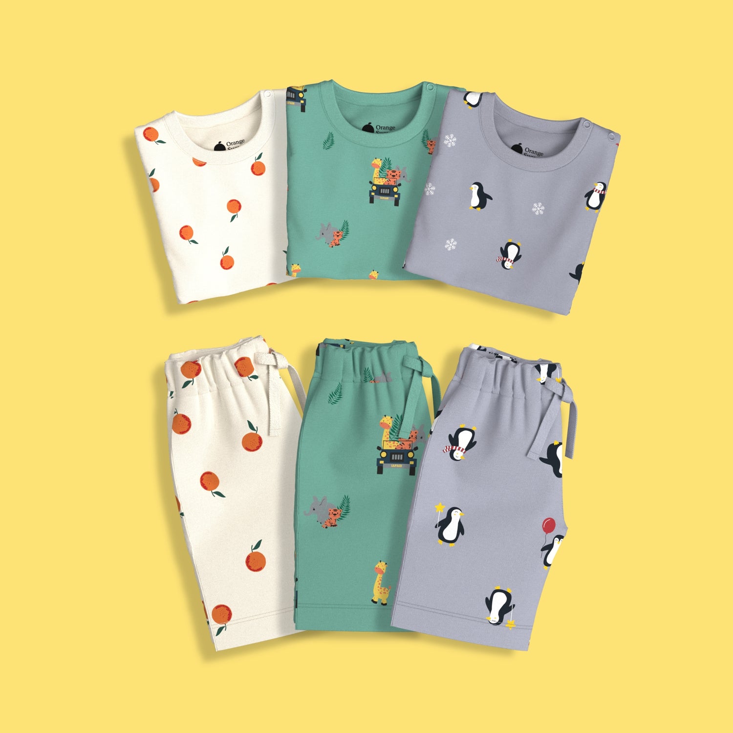 3 Pack T-Shirt & Shorts Unisex Co-ord Set | Jungle, Penguin & Orange