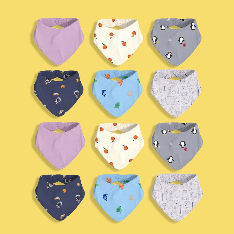 12 Pack Bandana Bib | Lavendar, Orange, Penguin, Space, Underwater, Bear