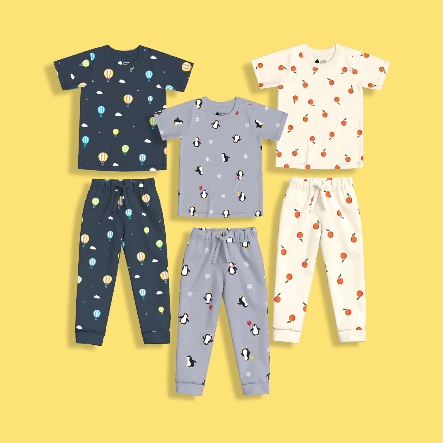 3 Pack Half Sleeves Unisex Co-ord Set | Oranges, Penguin & Hot Air