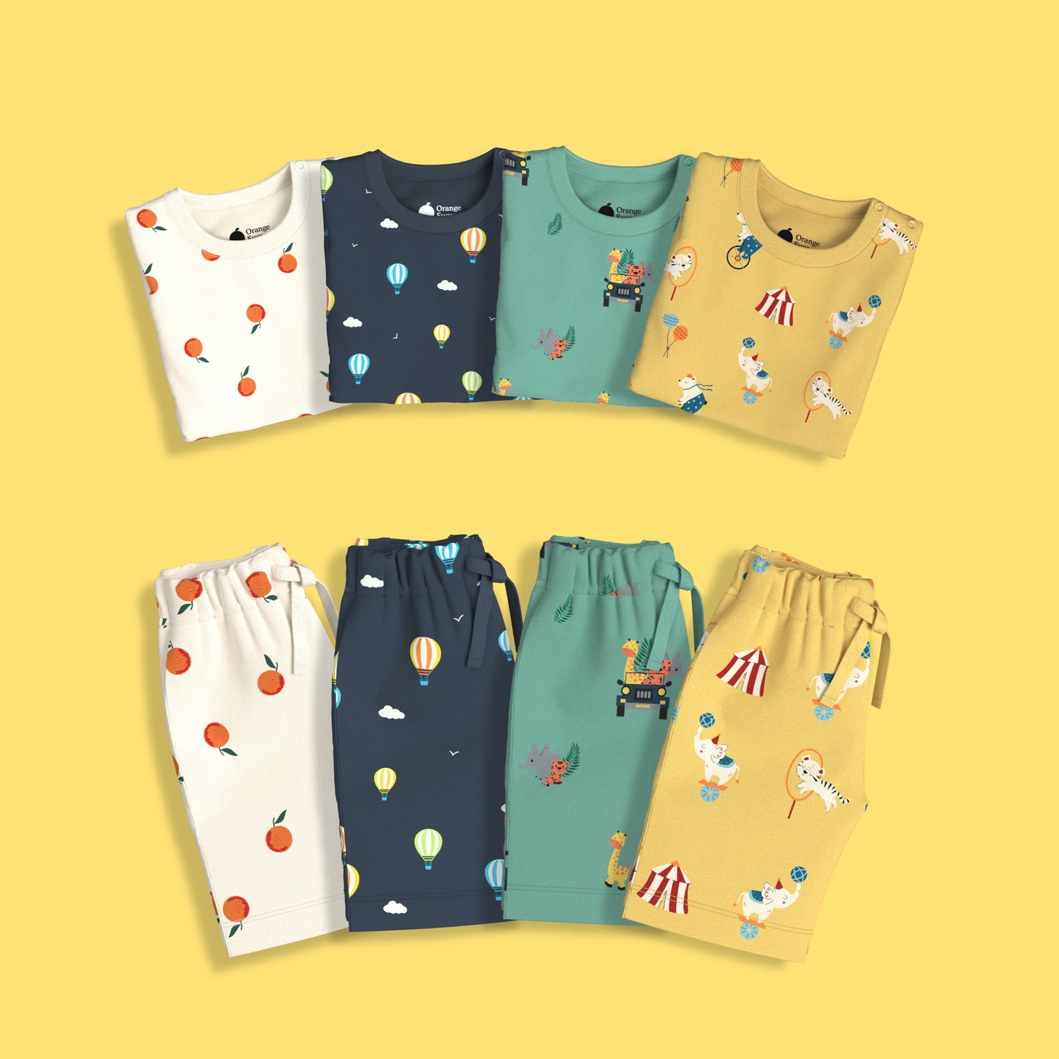 4 Pack T-Shirt & Shorts Unisex Co-ord Set | Hot Air, Jungle, Circus & Oranges