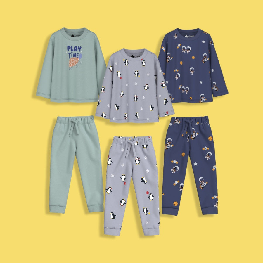 3 Pack Full Sleeves Unisex Co-ord Set | Play, Penguin, Space