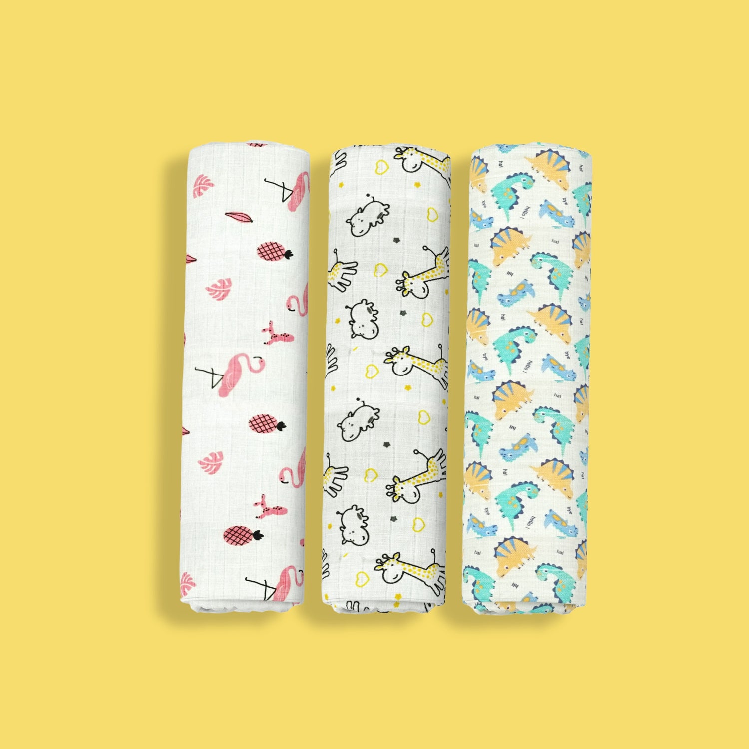 3 Pack Muslin Swaddle | Pink Bird, Giraffe, Dinosaur