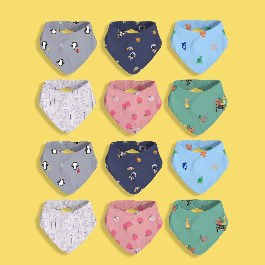 12 Pack Bandana Bib | Penguin, Space, Underwater, Bear, Apple, Jungle