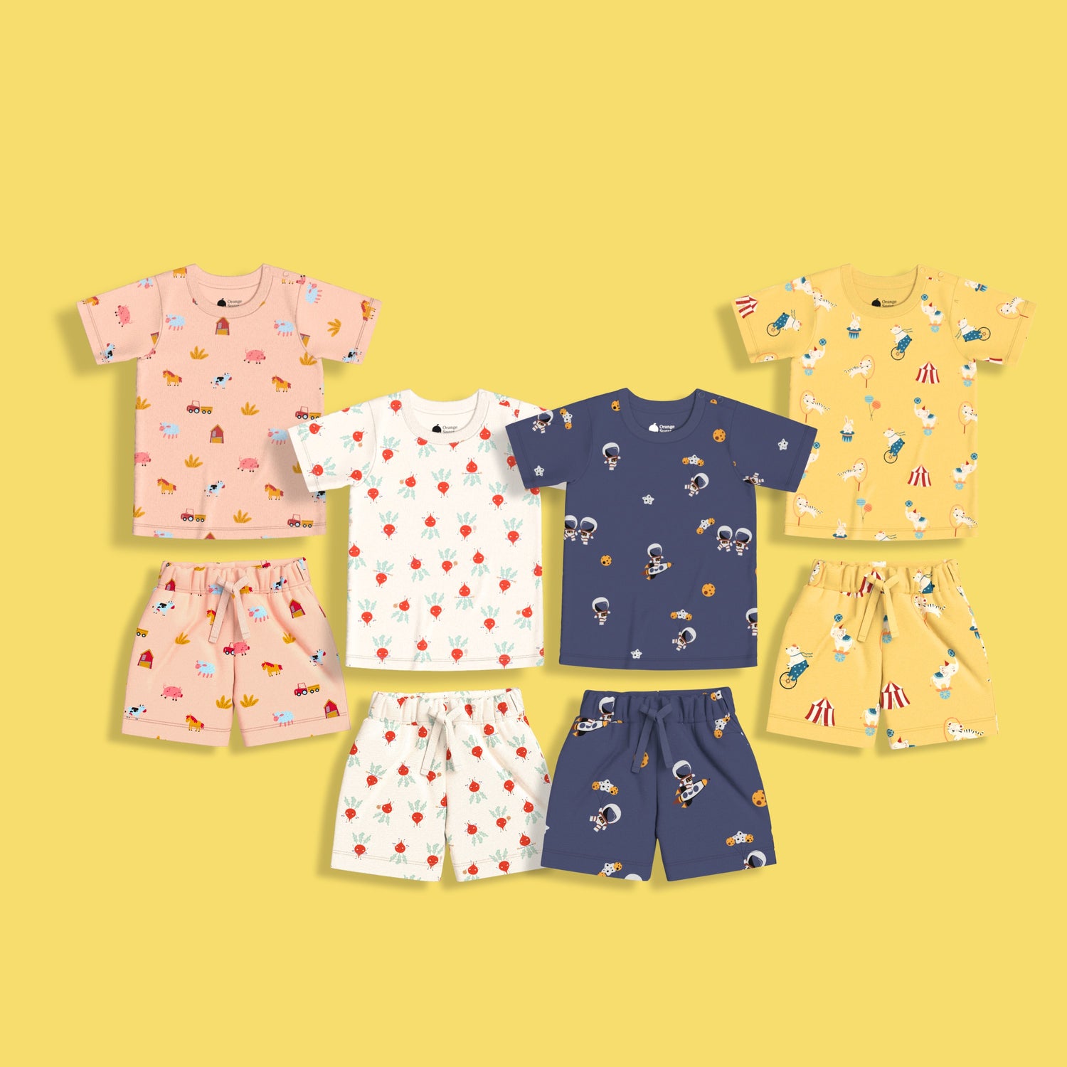 4 Pack T-Shirt & Shorts Unisex Co-ord Set | Farm, Beetroot, Space, Circus