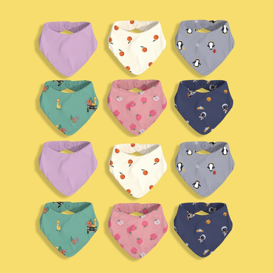 12 Pack Bandana Bib | Lavendar, Orange, Penguin, Jungle, Apple, Space