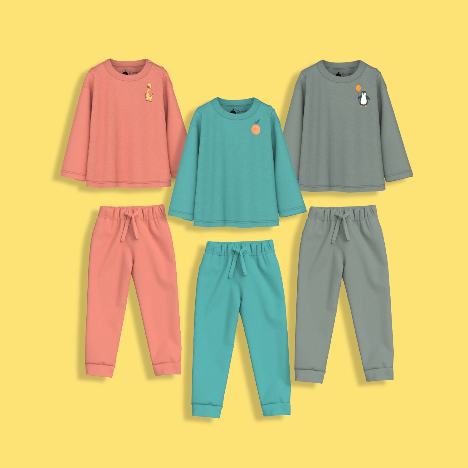 3 Pack Full Sleeves Unisex Co-ord Set | Giraffe, Aqua Orange & Penguin Float