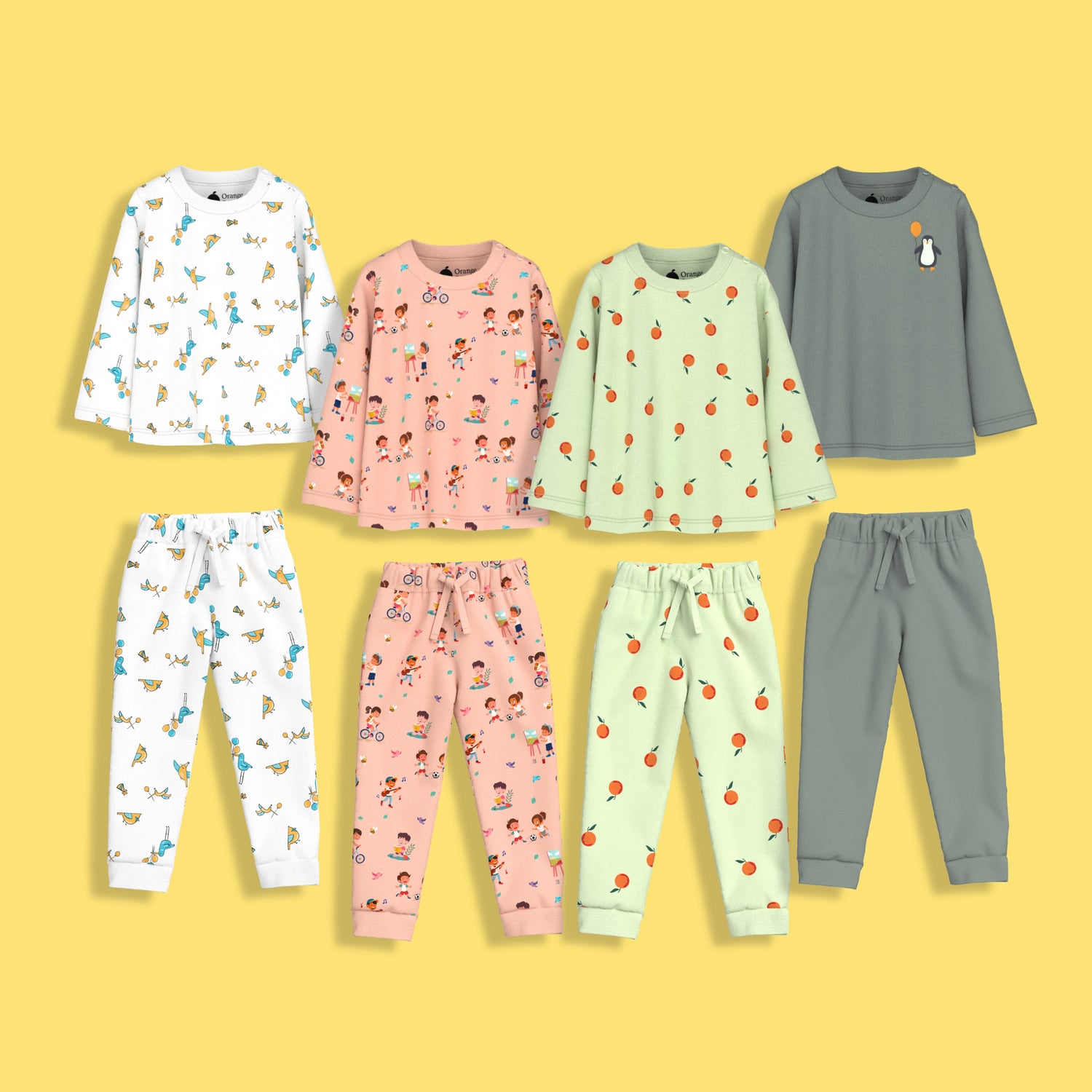 4 Pack Full Sleeves Unisex Co-ord Set | Orange Bliss, Garden, Bird & Penguin Float