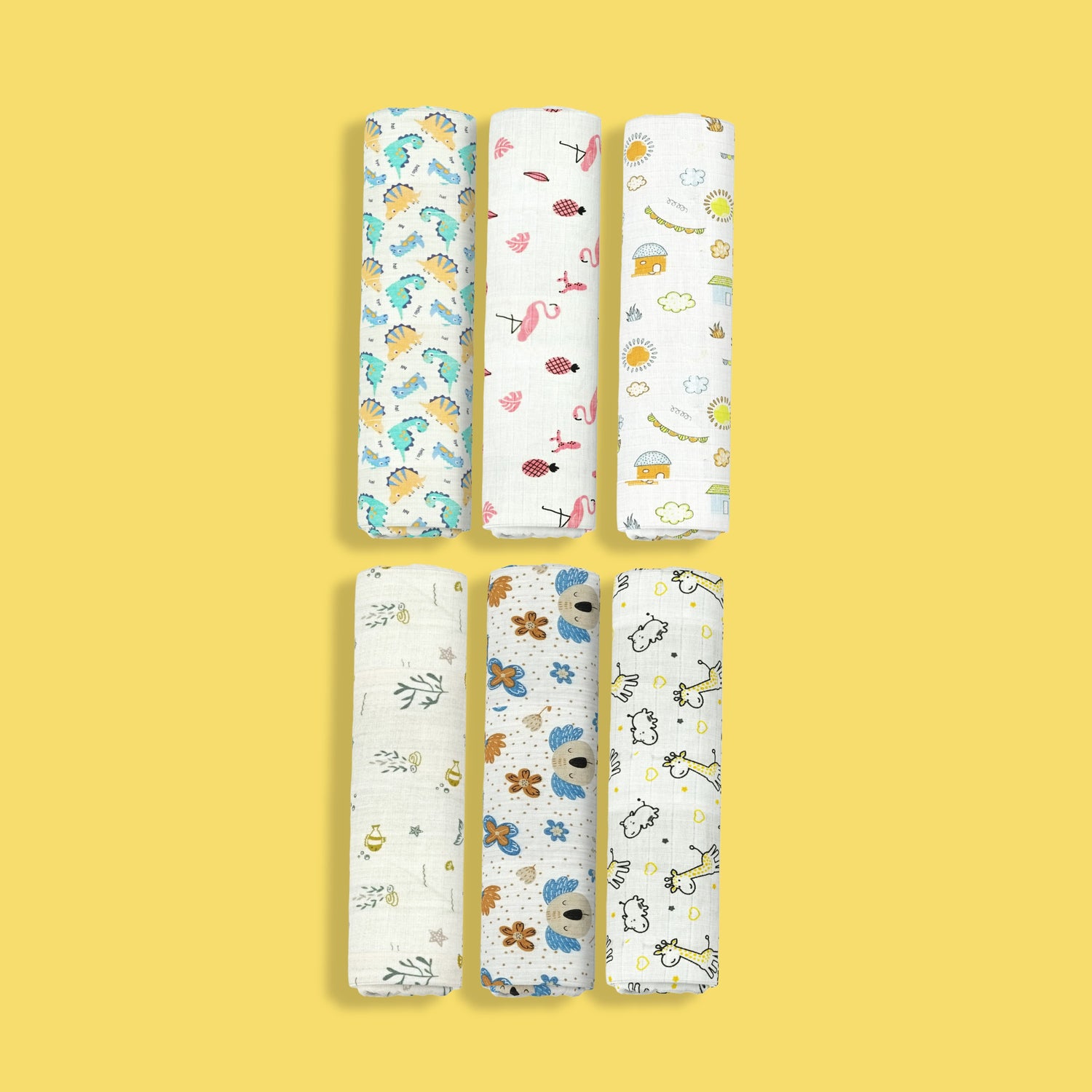 6 Pack Muslin Swaddle | Dinosaur, Pink Bird, Street, Ocean, Koala, Giraffe