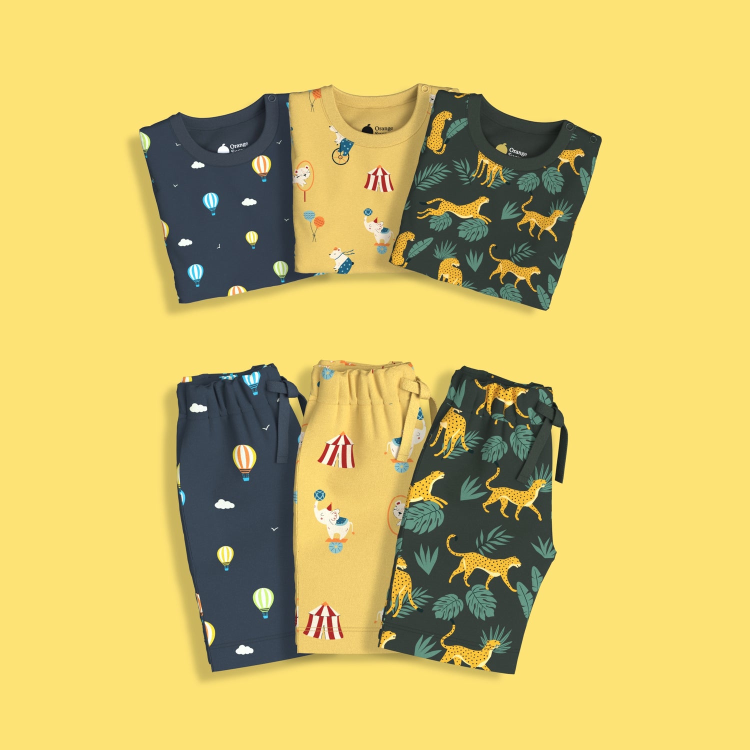 3 Pack T-Shirt & Shorts Unisex Co-ord Set | Cheetah, Hot Air & Circus