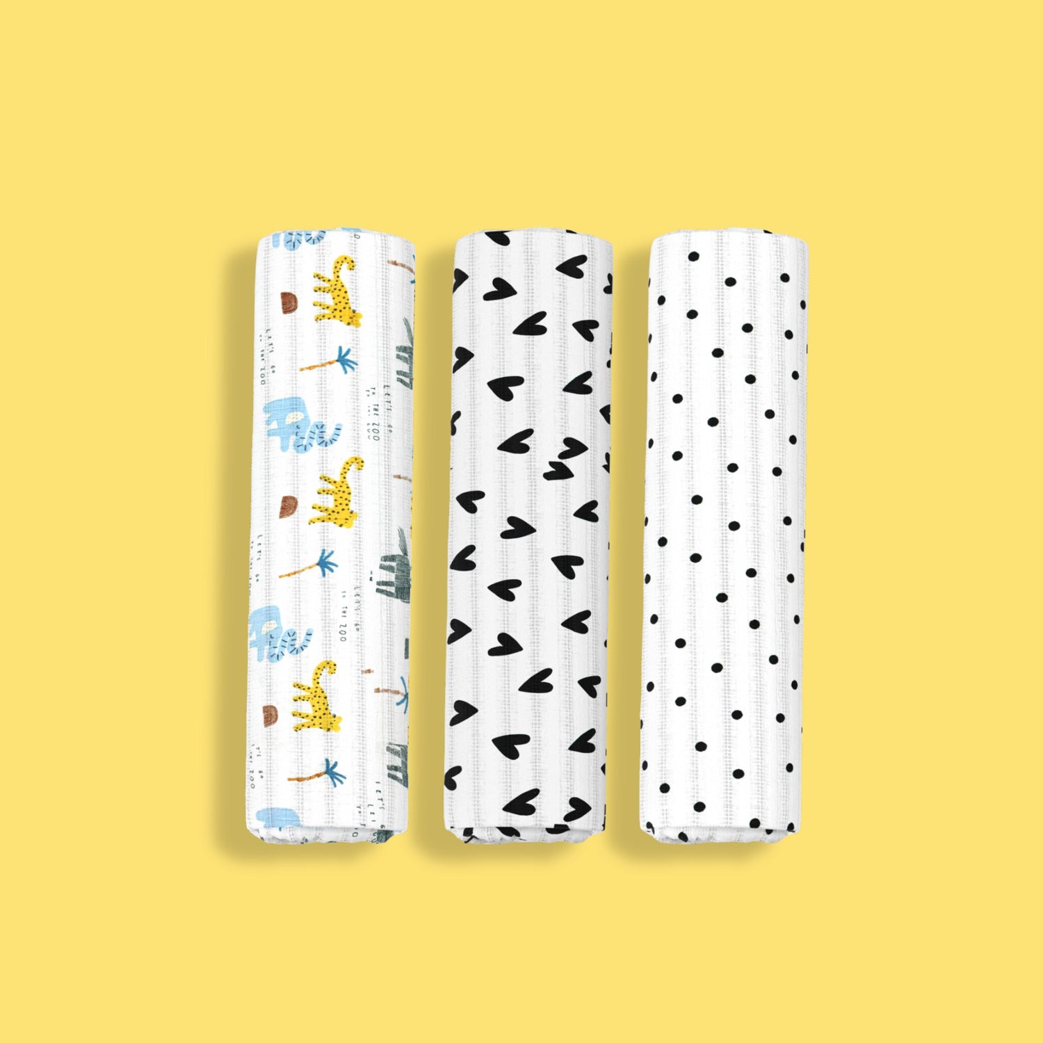 3 Pack Muslin Swaddle | Zoo, Black Dots, Black Heart